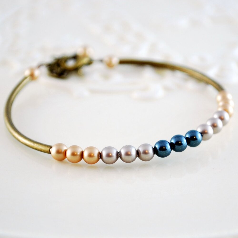 Crystal Pearl Bangle Bracelet in Antiqued Brass